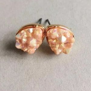 Peachy Pink Geode Iridescent Teardrop Stud Earring